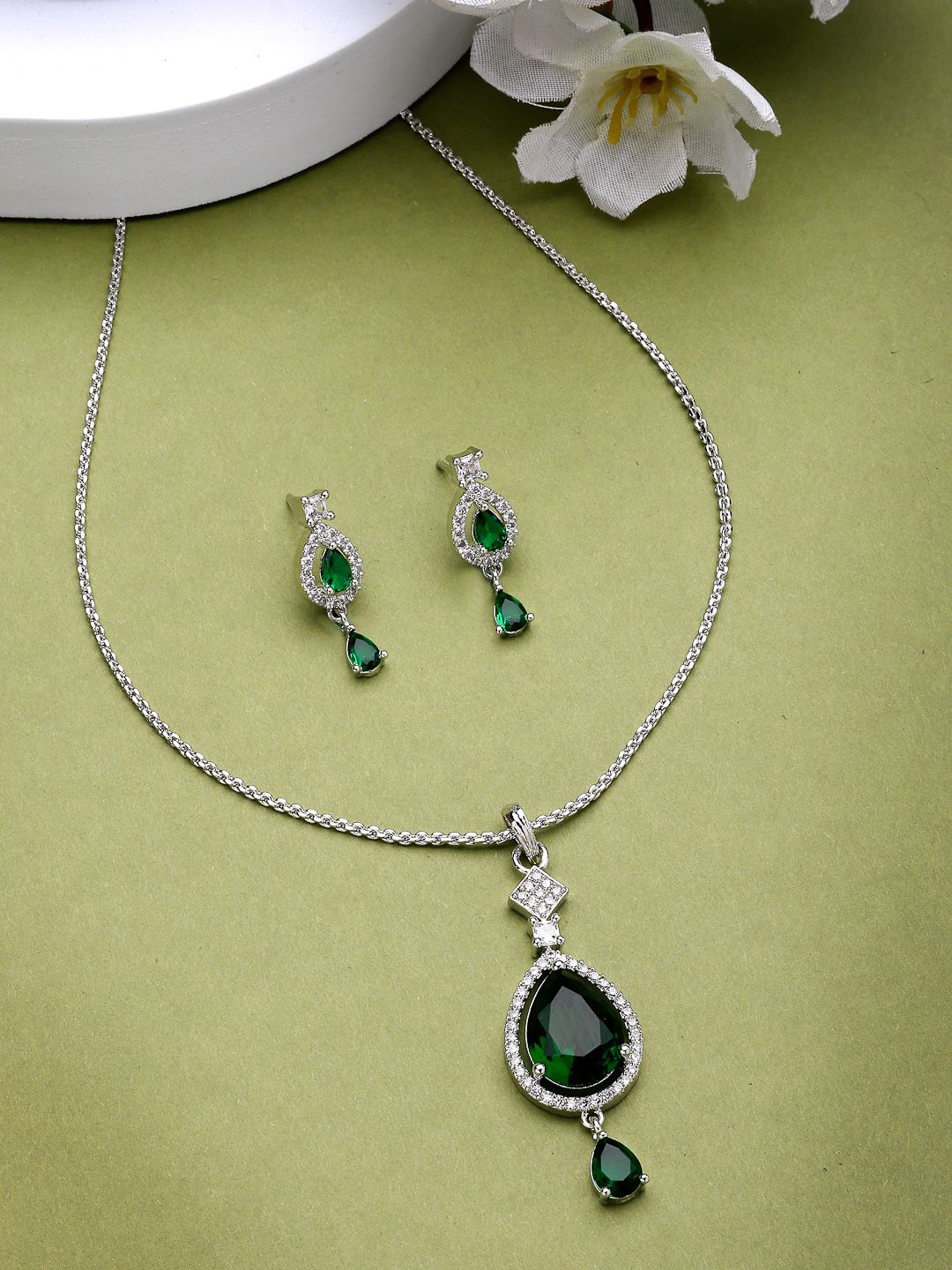 

ZENEME Rhodium Plated Green Crystal Pendant Neck Chain With Earring Set, Silver