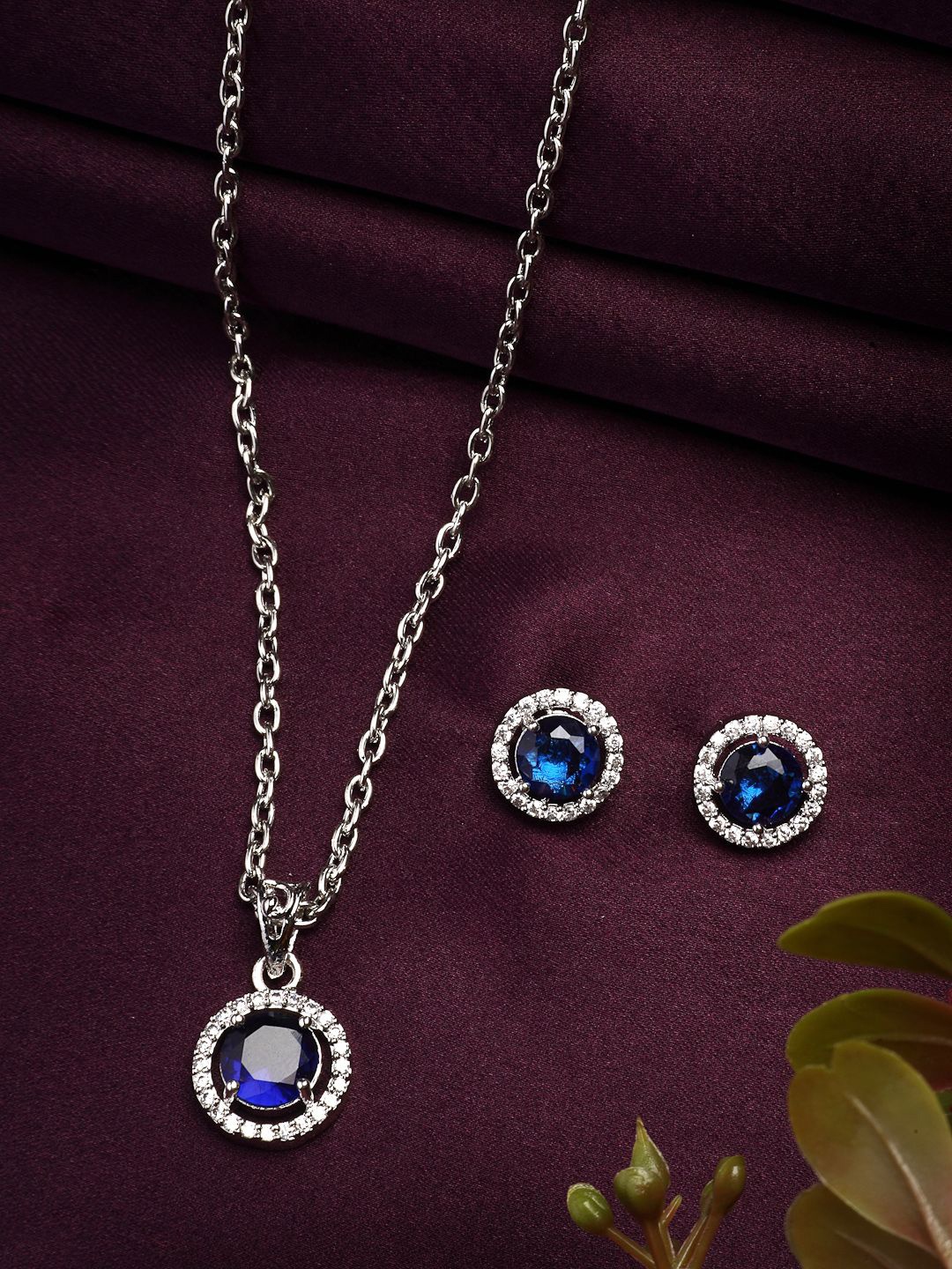 

ZENEME Rhodium Plated Luxury AD Princess Cut Round Blue Pendant with Earrings Set, Silver