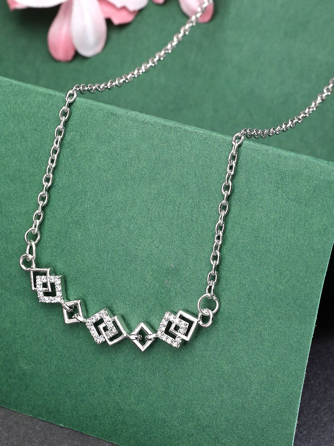 

ZENEME Rhodium-Plated Stylish Diamond Grace Western Pendant With Chain, Silver