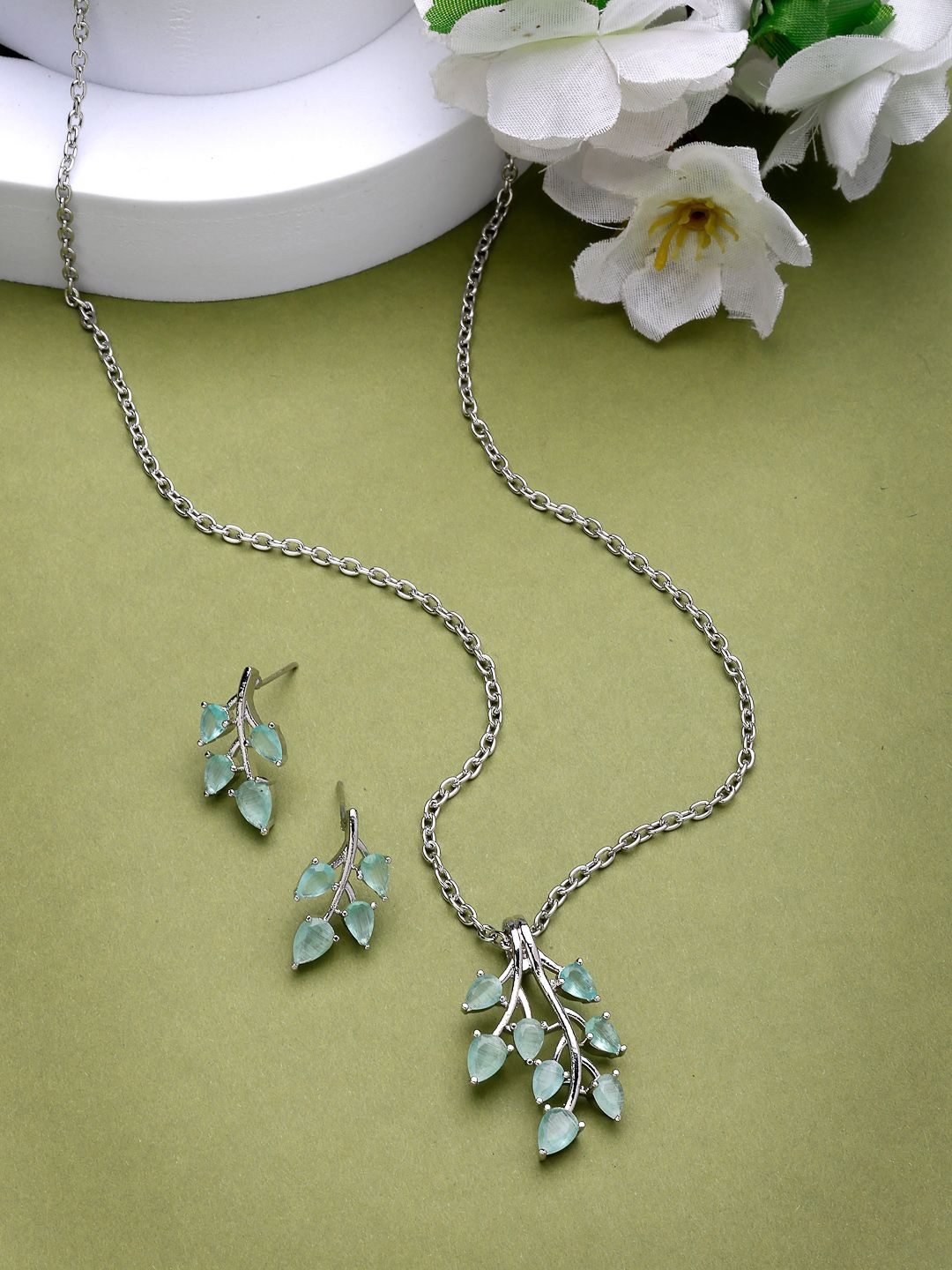 

ZENEME Rhodium Plated Shimmery Ocean Green Leaf Pendant & Earring Set, Silver