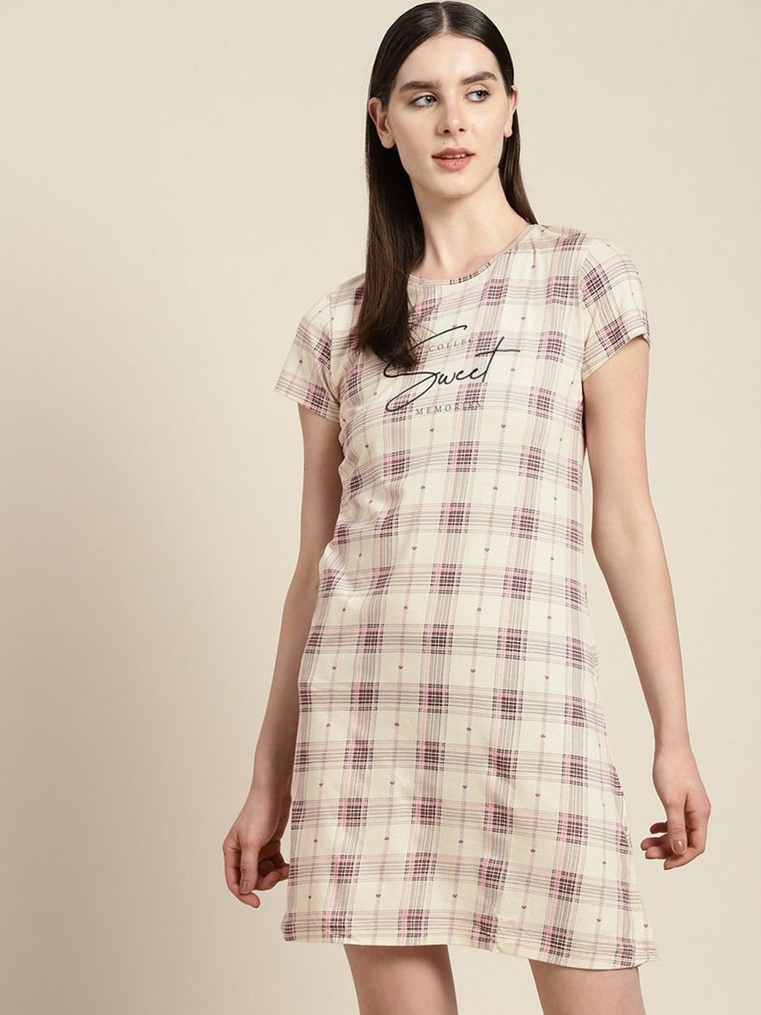 

Sweet Dreams Women Checked Pure Cotton Nightdress, Beige