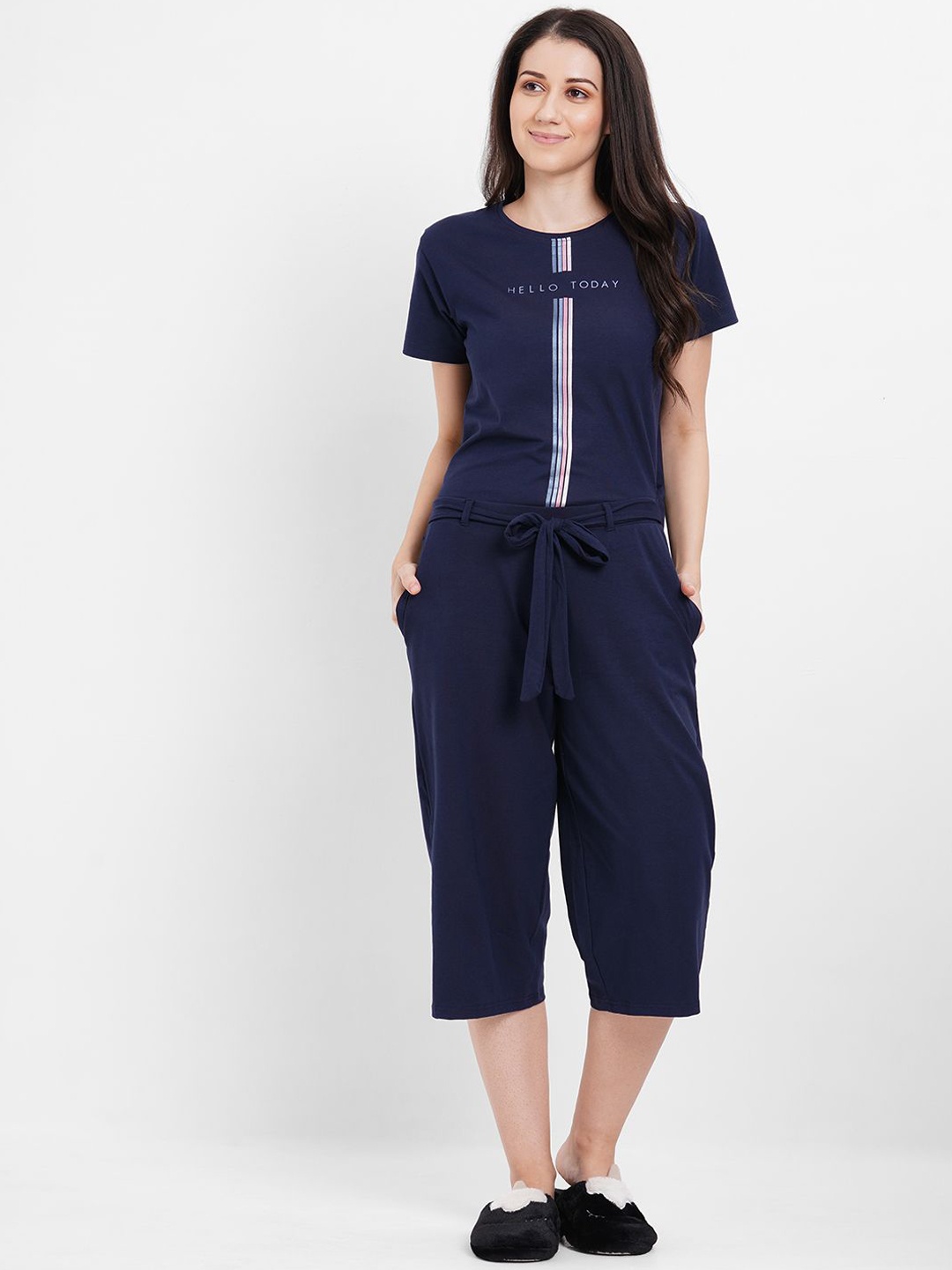 

Sweet Dreams Women Printed Pure Cotton Night suit, Navy blue