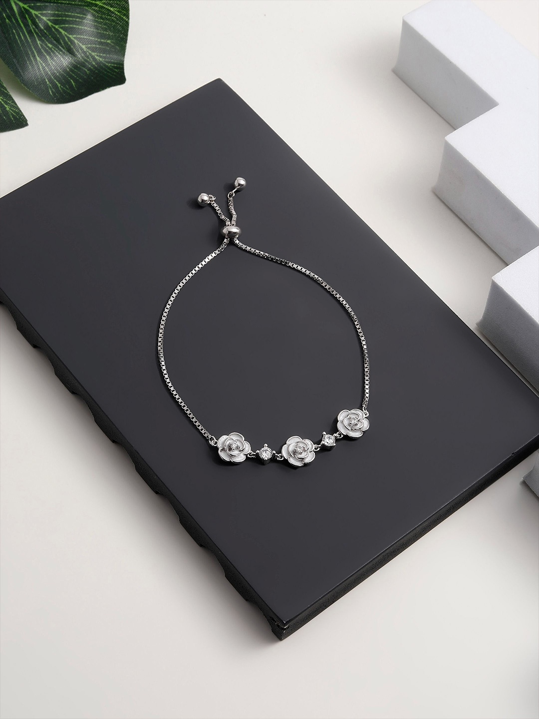 

DIAVO The Gulab Charm Rhodium-Plated Silver Cubic Zirconia Wraparound Bracelet