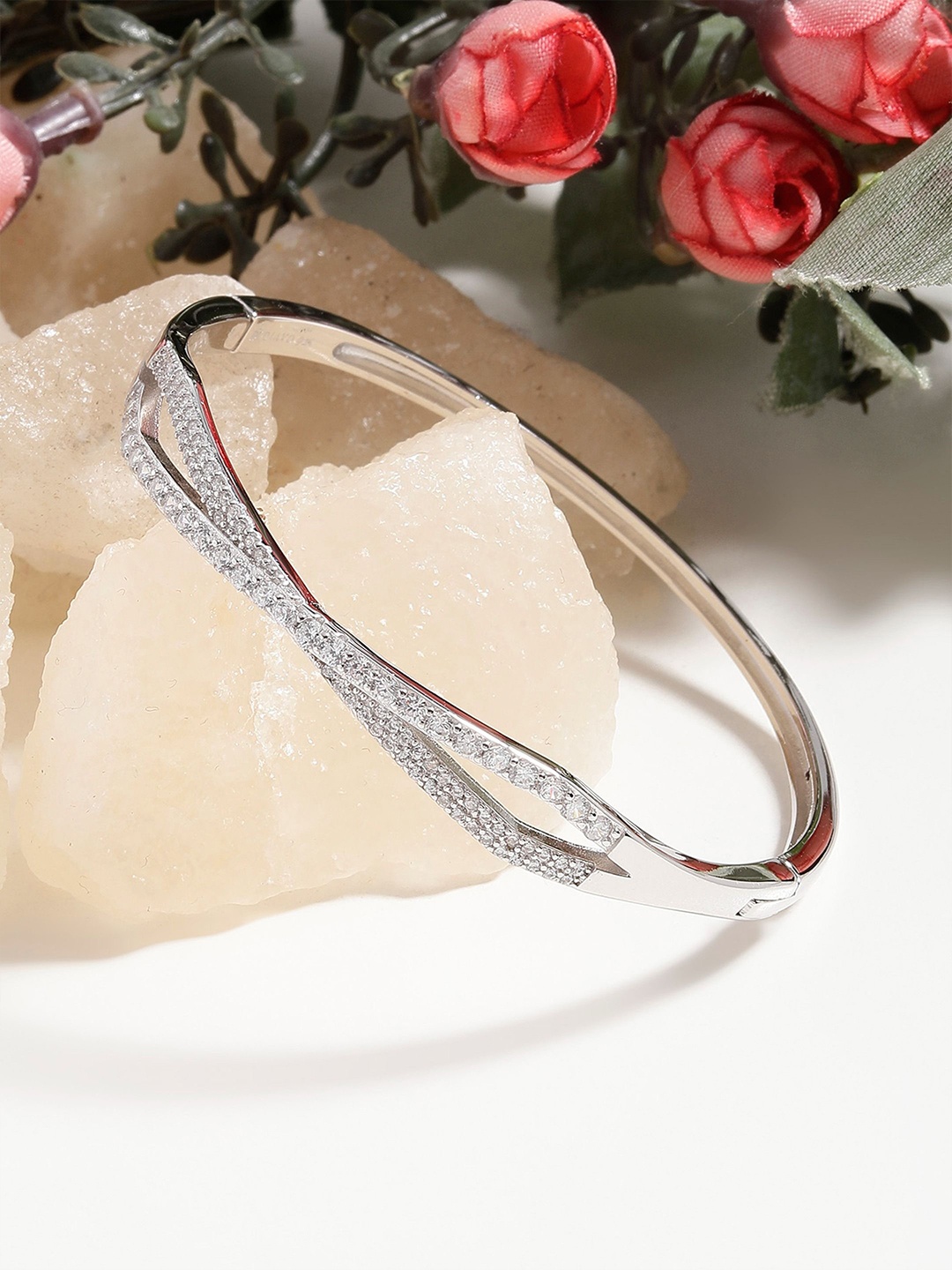 

DIAVO Biyah Rhodium-Plated Silver Cubic Zirconia Bangle-Style Bracelet