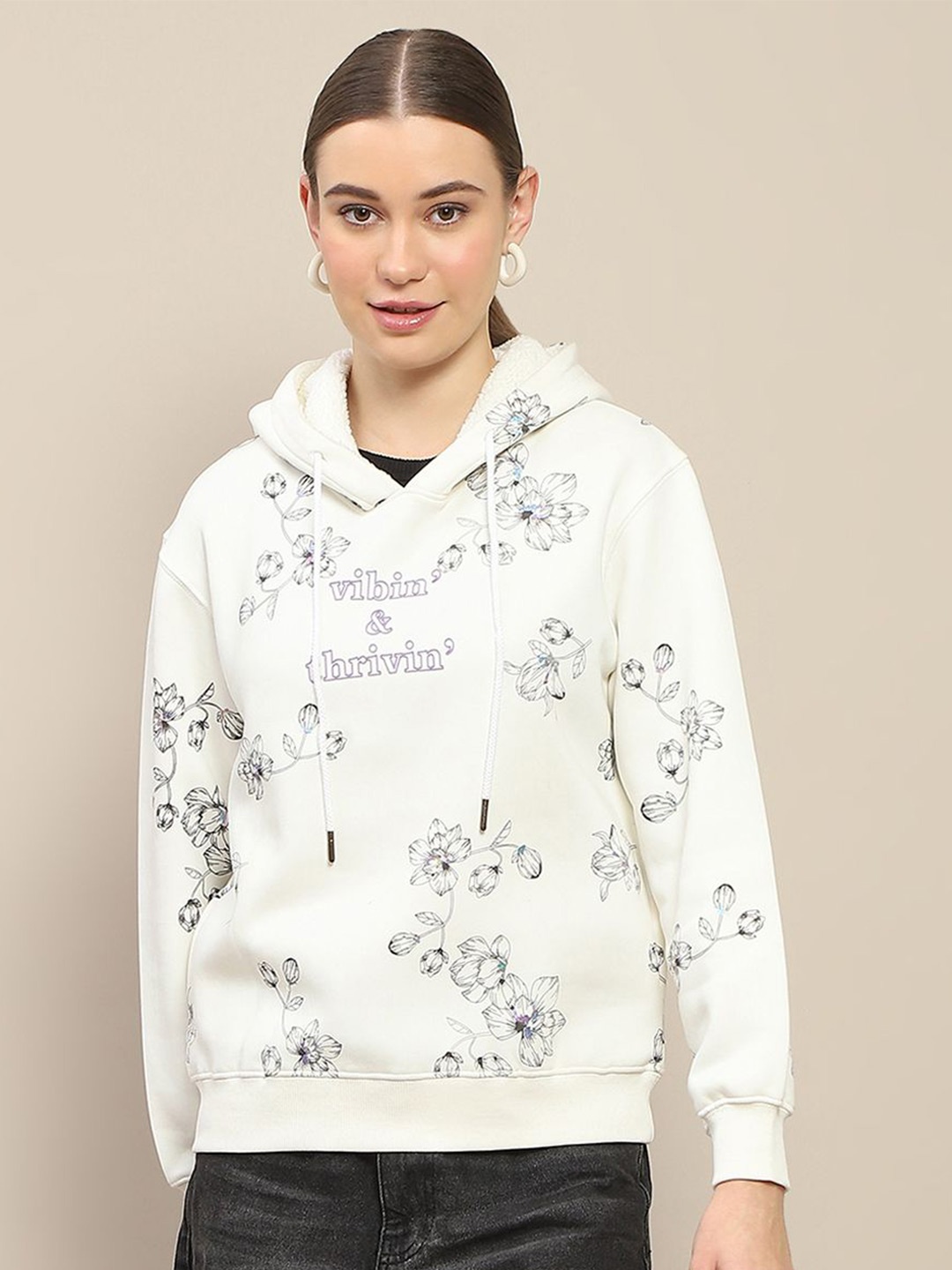 

Madame Women Printed Hooded Pullover Sweatshirt, White