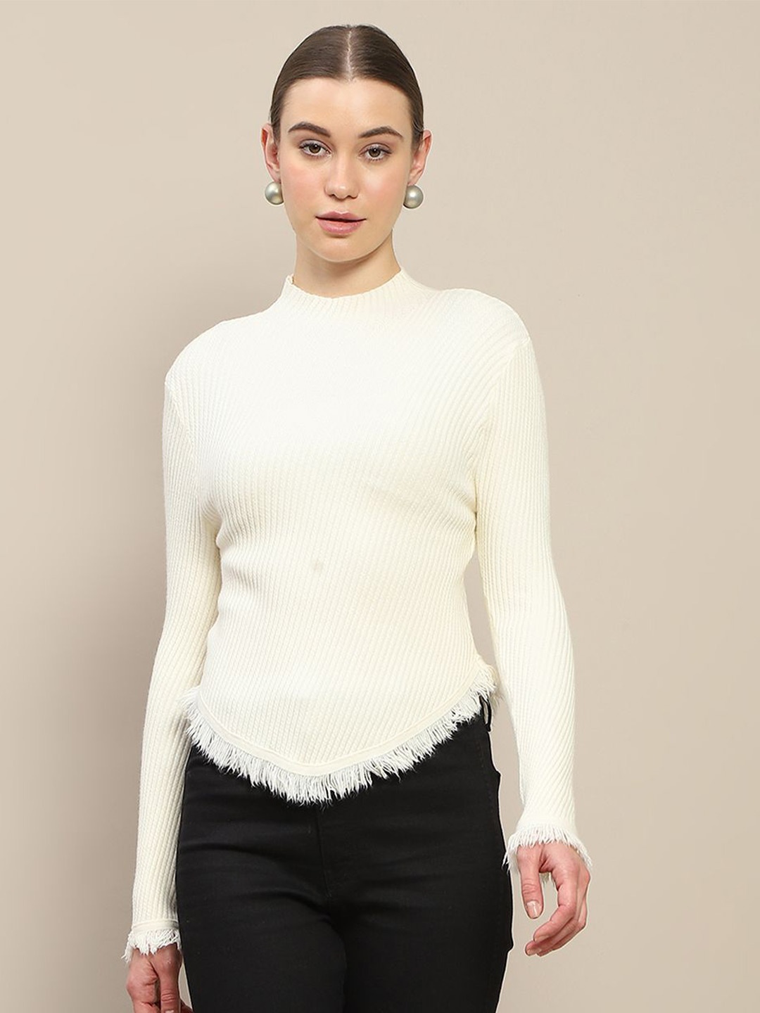 

Madame Women Ribbed Pullover Sweater, Beige
