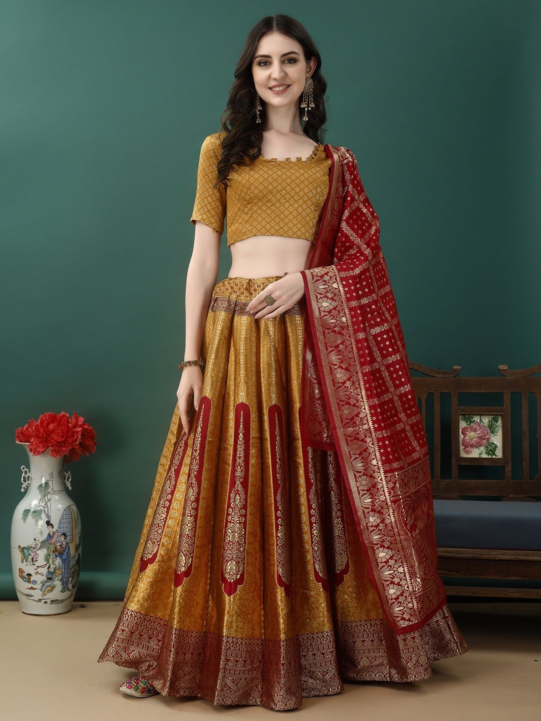 

SWAMI STUDIO Woven Design Ready to Wear Lehenga & Unstitched Blouse With Dupatta, Mustard