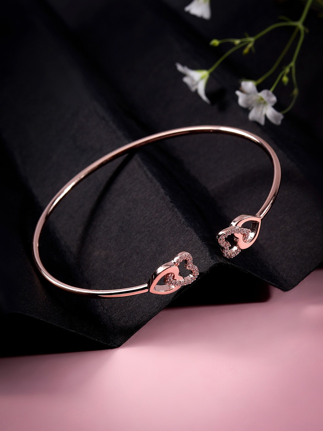 

DIAVO Enamored Silver Hearts Cubic Zirconia Cuff Bracelet, Rose gold