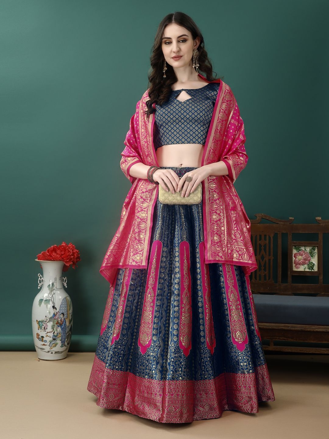 

SWAMI STUDIO Ready to Wear Lehenga & Unstitched Blouse With Dupatta, Blue