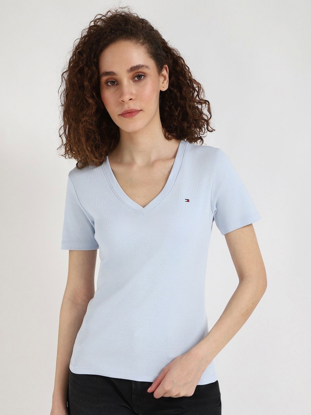 

Tommy Hilfiger Women Solid V-Neck Cotton T-shirt, Blue