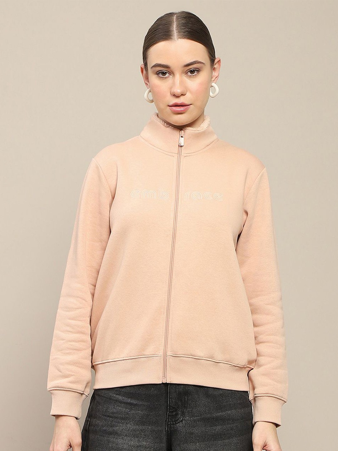 

Madame Women Mock Collar Front-Open Sweatshirt, Peach