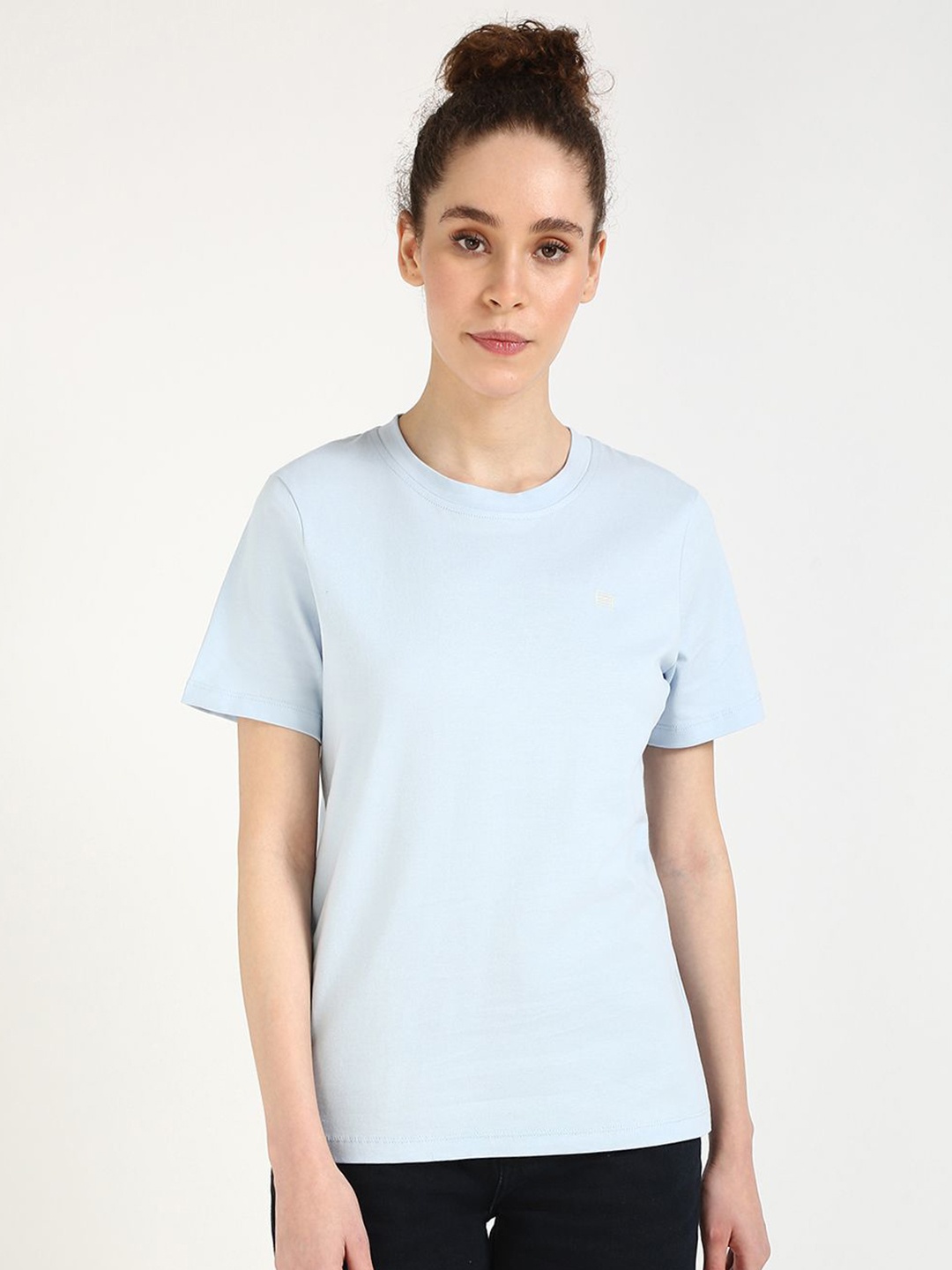 

Tommy Hilfiger Women Solid Round Neck Cotton T-shirt, Blue