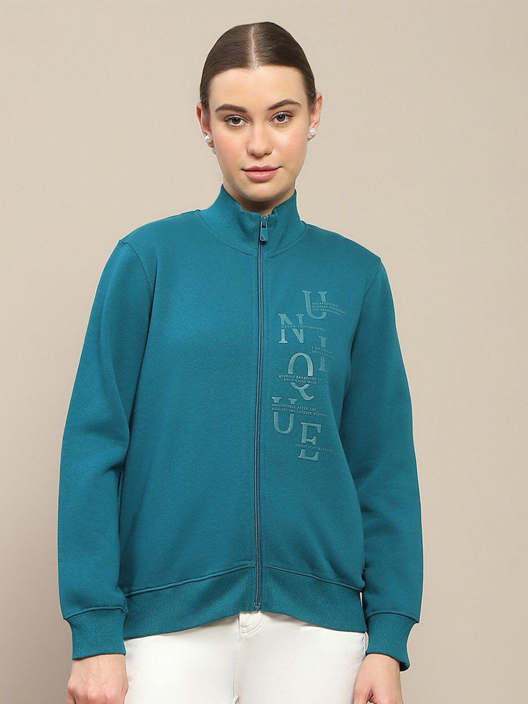 

Madame Women Printed Mock Collar Front-Open Sweatshirt, Green