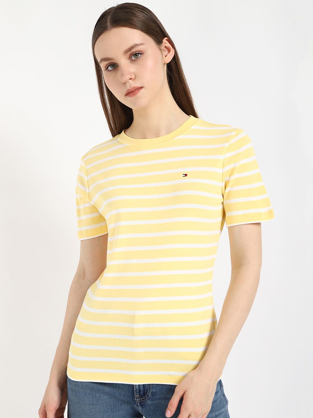 

Tommy Hilfiger Women Striped Round Neck Slim Fit Cotton T-shirt, Yellow
