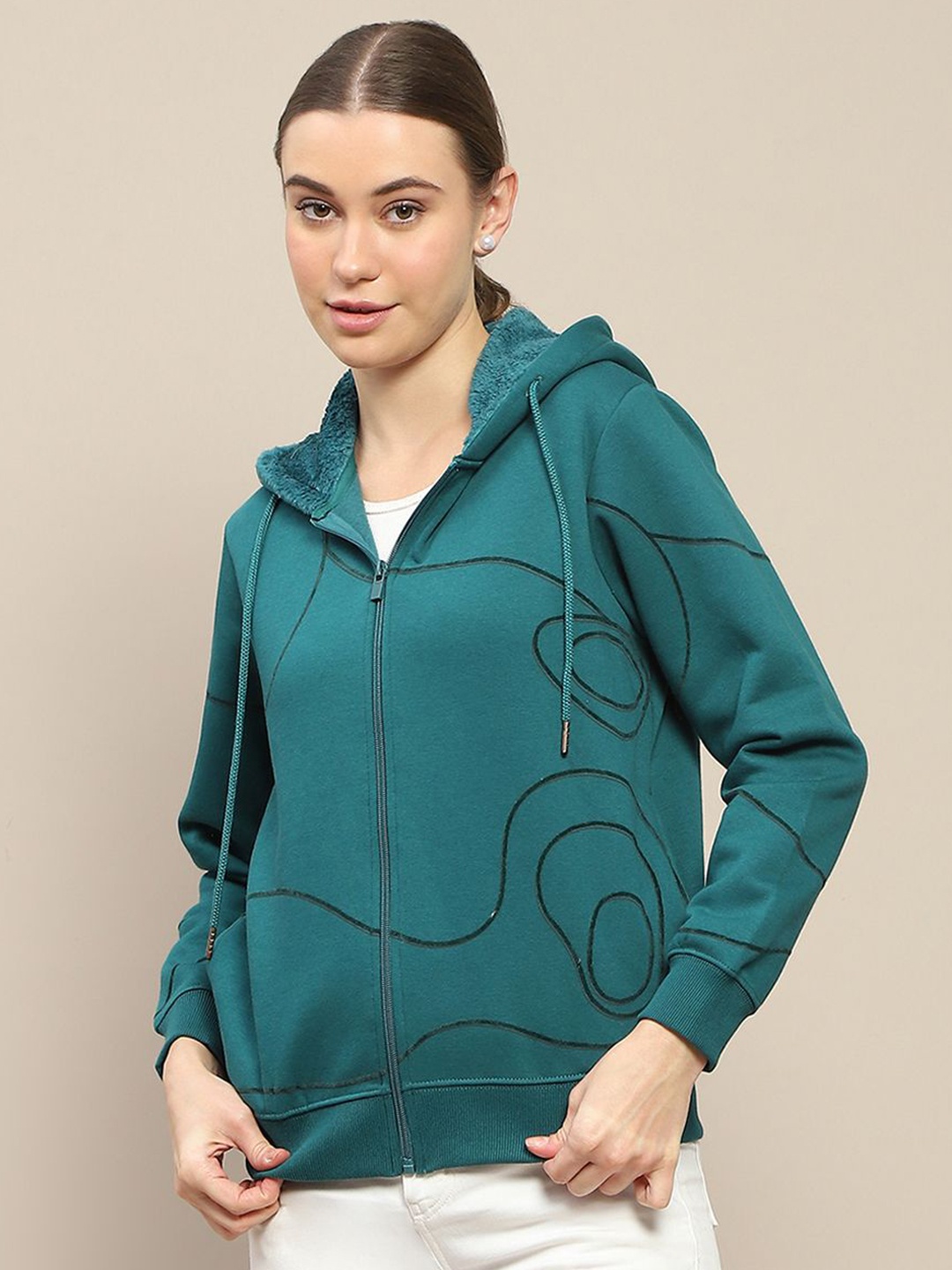

Madame Women Printed Hooded Sweatshirt, Teal