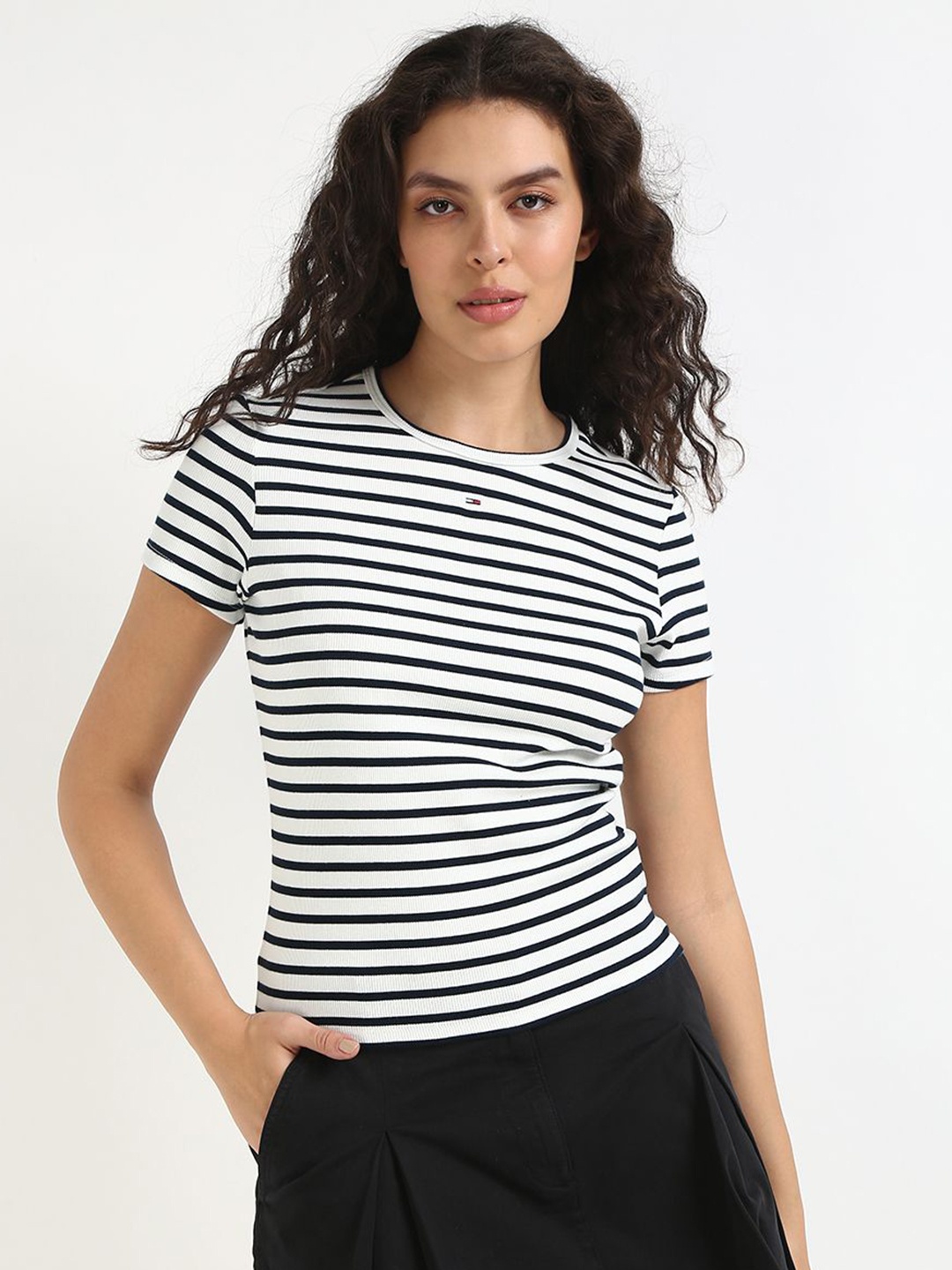 

Tommy Hilfiger Women Striped Round Neck Cotton T-shirt, White