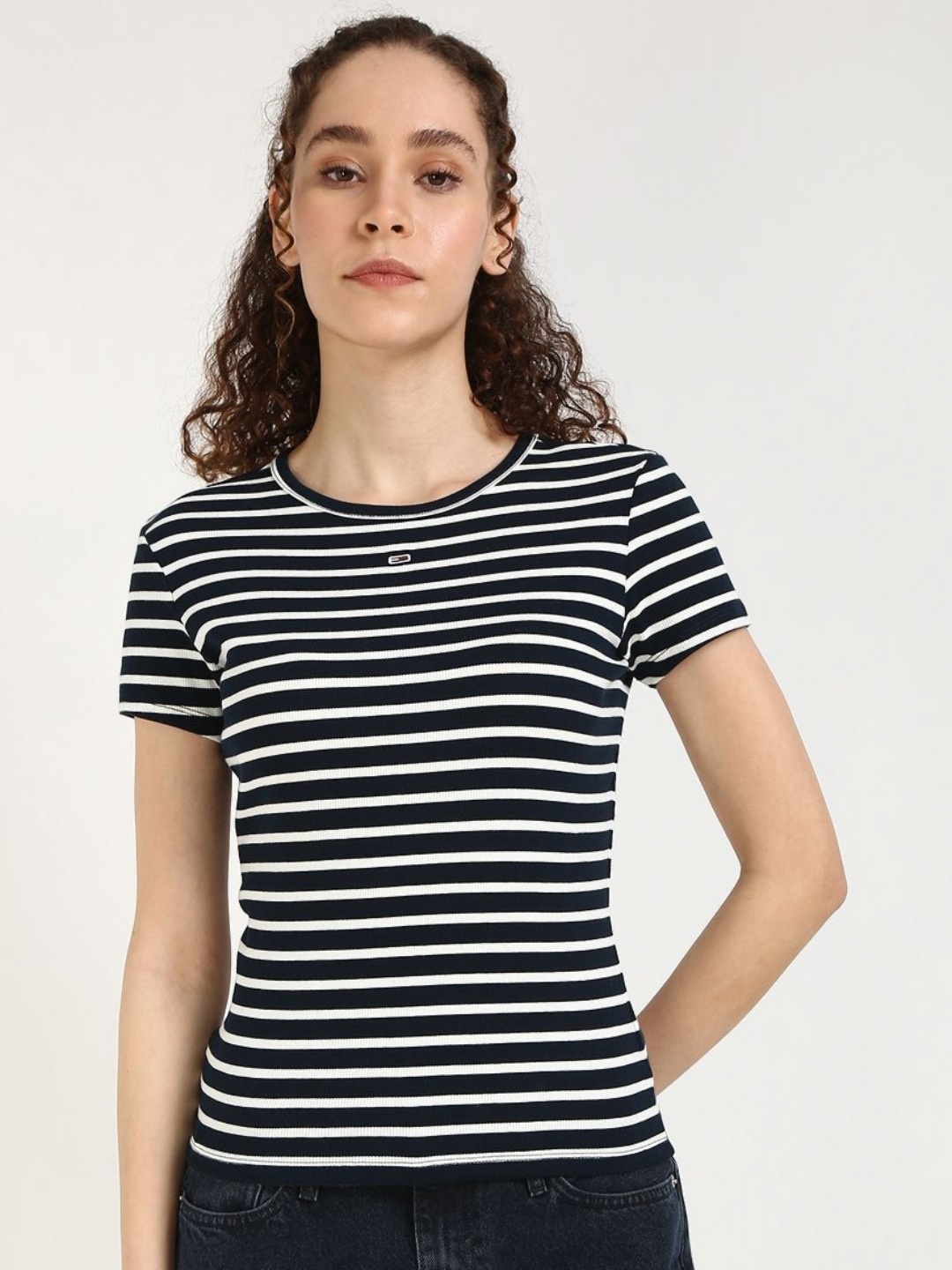 

Tommy Hilfiger Women Striped Round Neck Slim Fit Cotton T-shirt, Black