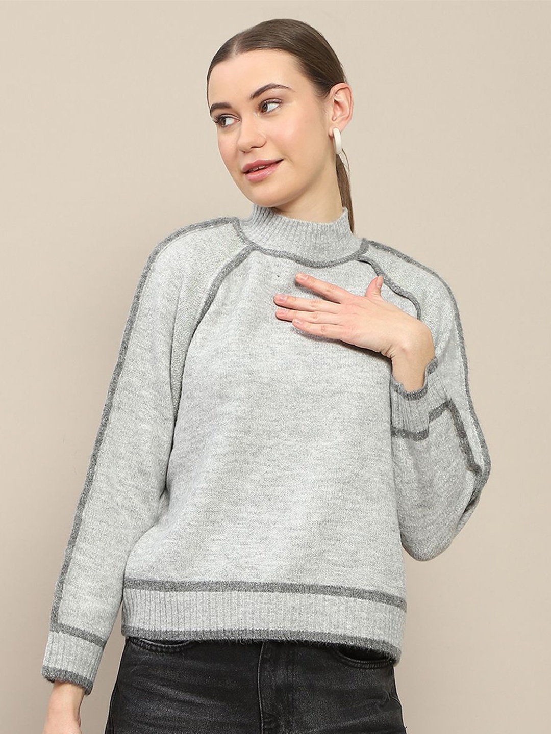 

Madame Women High Neck Pullover Sweaters, Grey