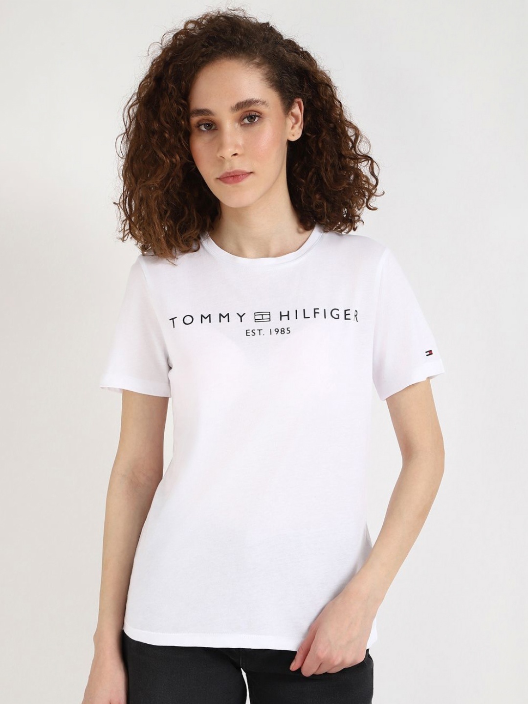 

Tommy Hilfiger Women Typography Printed Round Neck Cotton T-shirt, White
