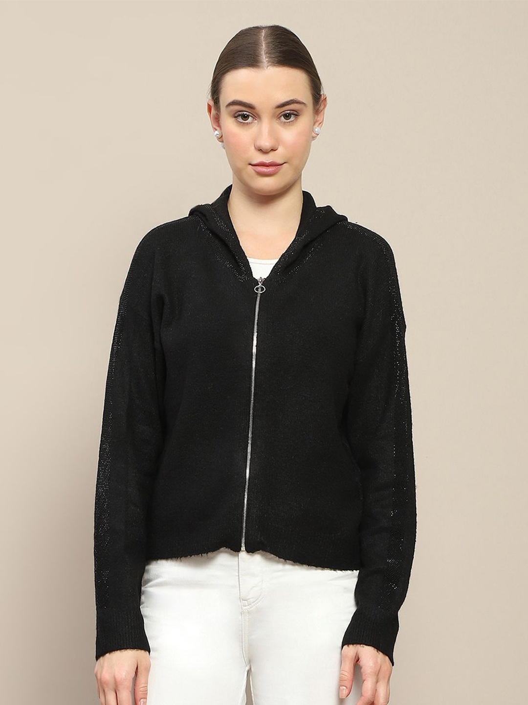 

Madame Women Hooded Front-Open Sweaters, Black