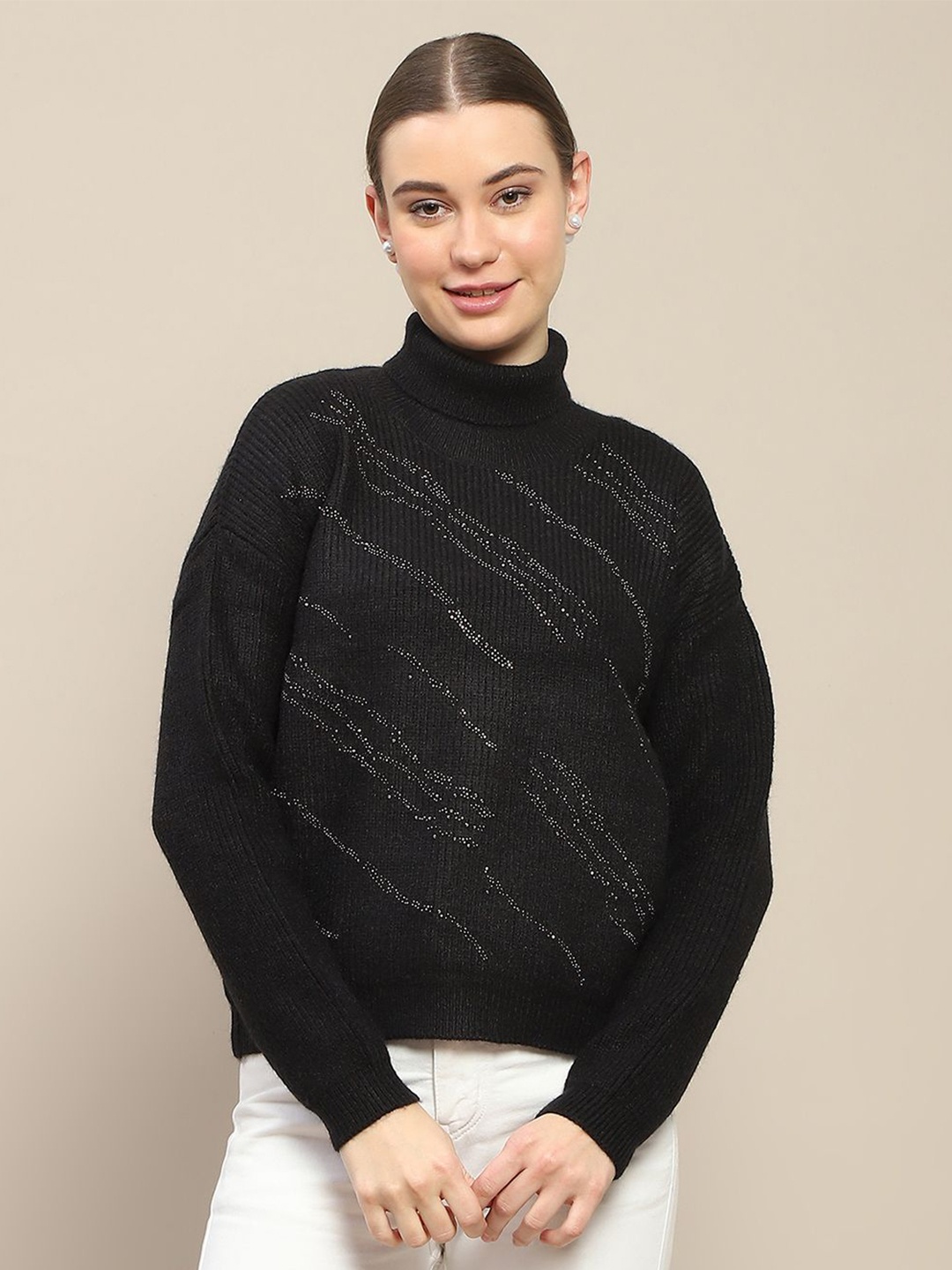 

Madame Women Embellished Turtle Neck Pullover Sweaters, Black