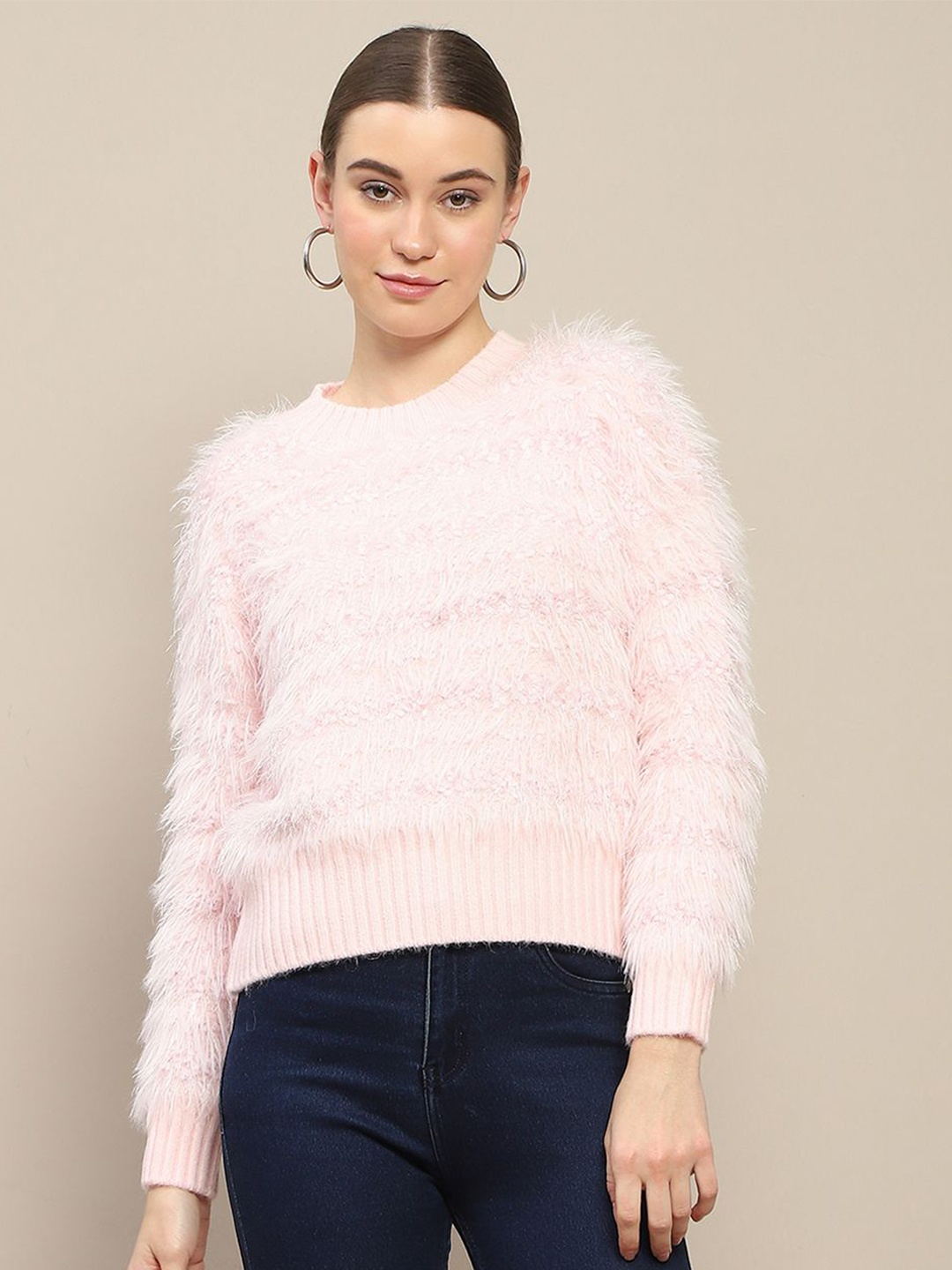 

Madame Women Round Neck Pullover Sweaters, Peach