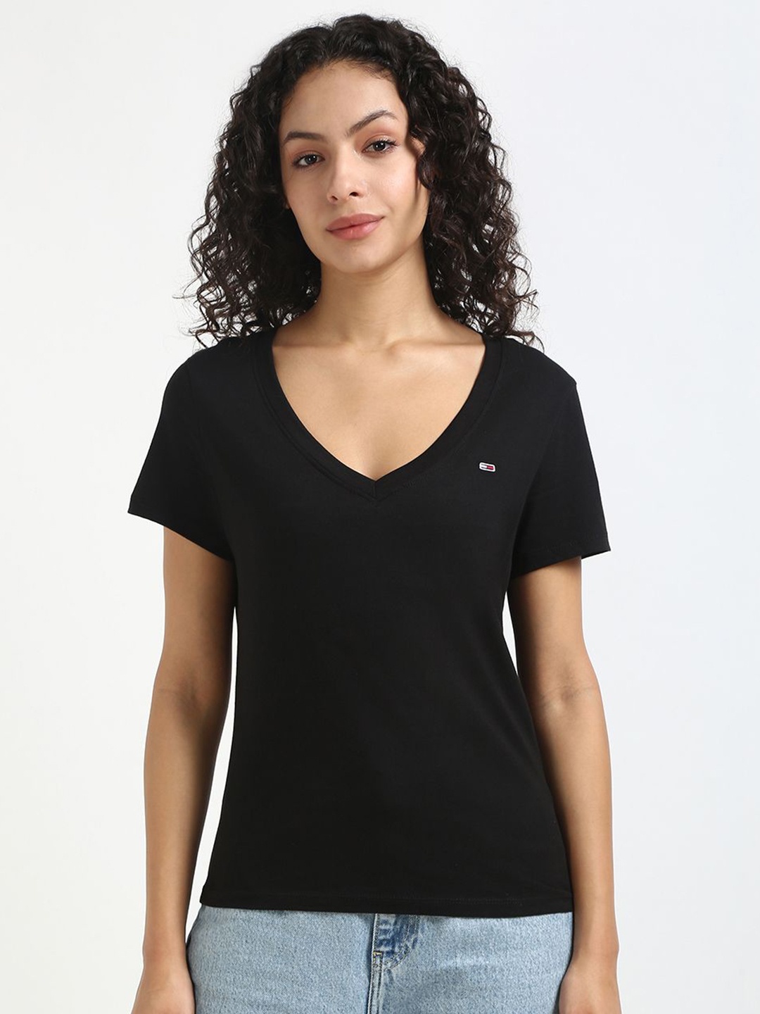 

Tommy Hilfiger Women Solid V-Neck Cotton T-shirt, Black
