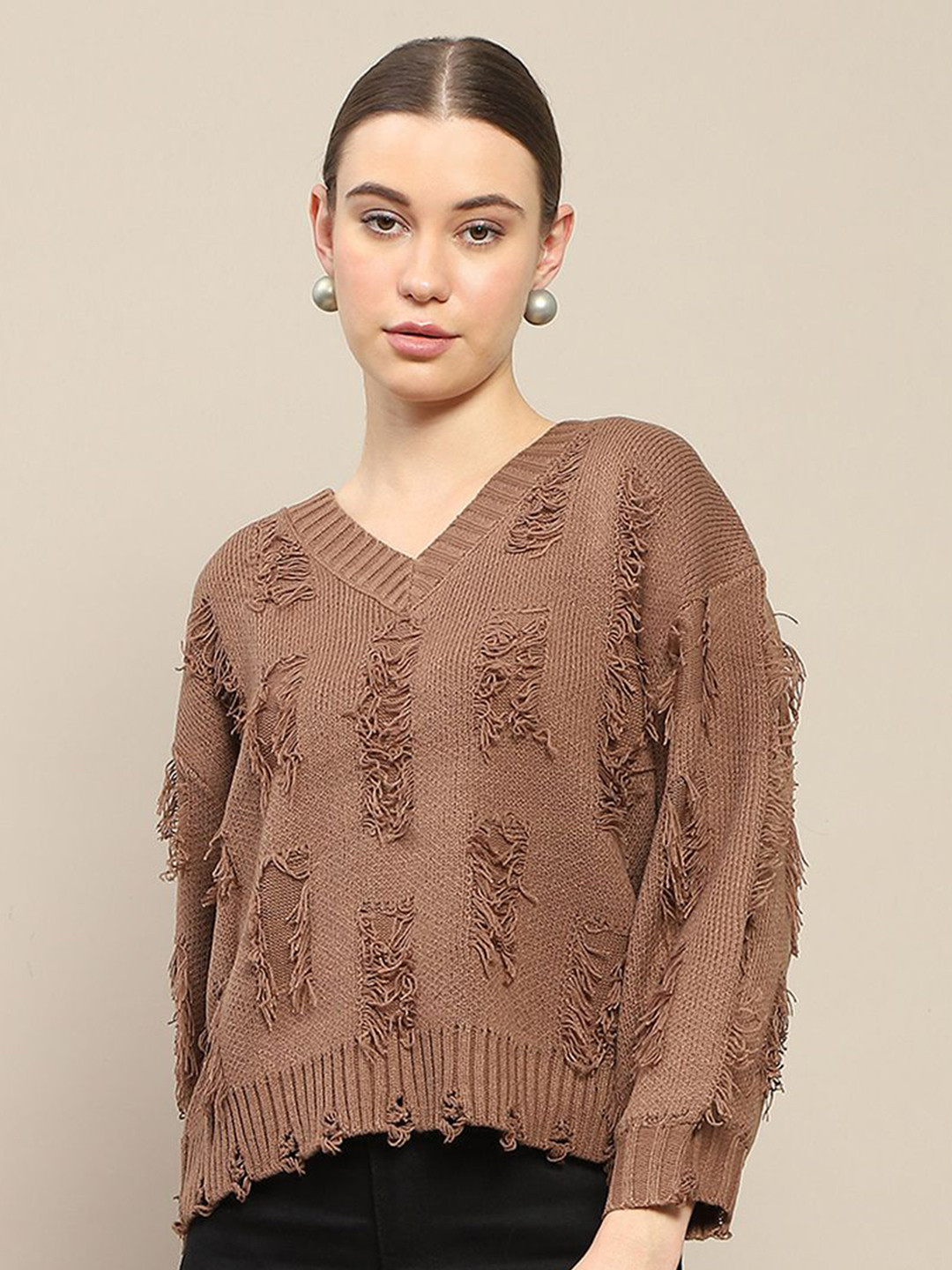 

Madame Women Self Design Pullover, Brown