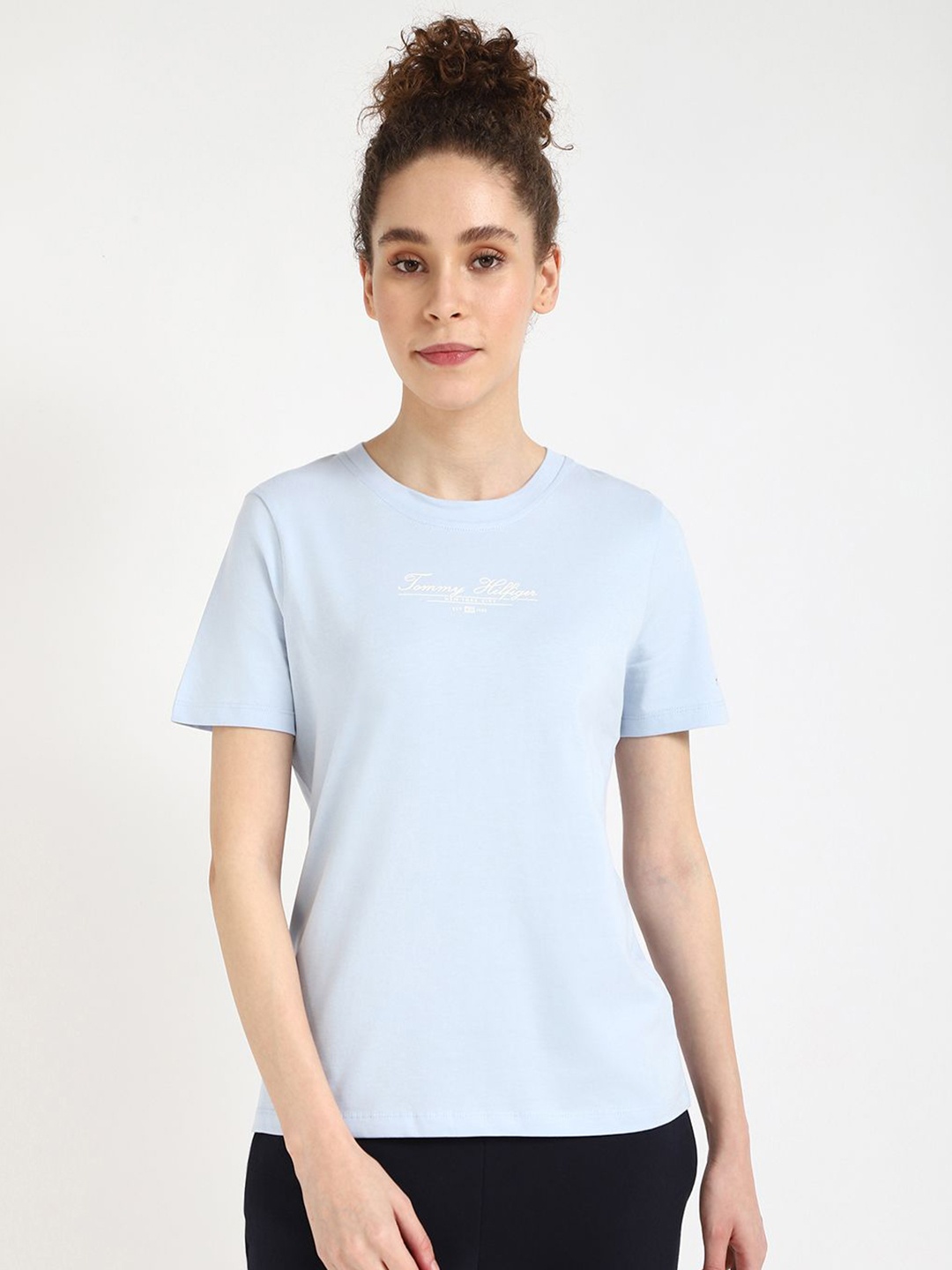 Tommy Hilfiger Women Typography Printed Round Neck Cotton T-shirt, Blue