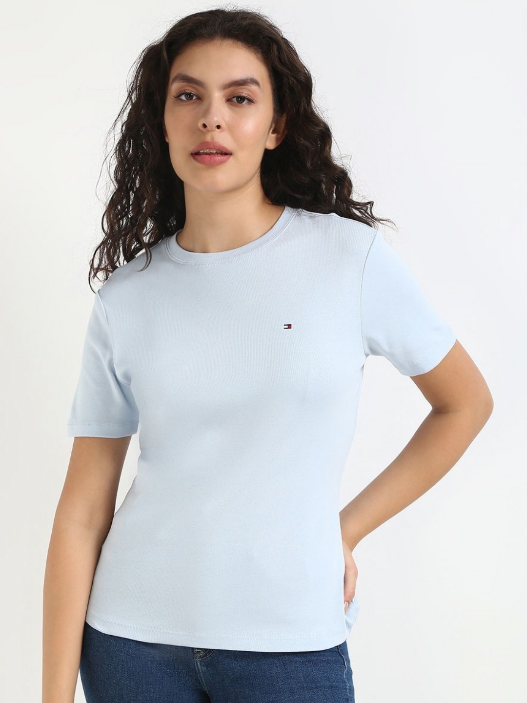 

Tommy Hilfiger Women Solid Round Neck Slim Fit Cotton T-shirt, Blue