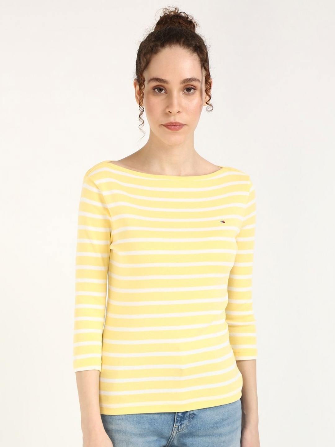 

Tommy Hilfiger Women Striped Boat Neck Slim Fit Cotton T-shirt, Yellow