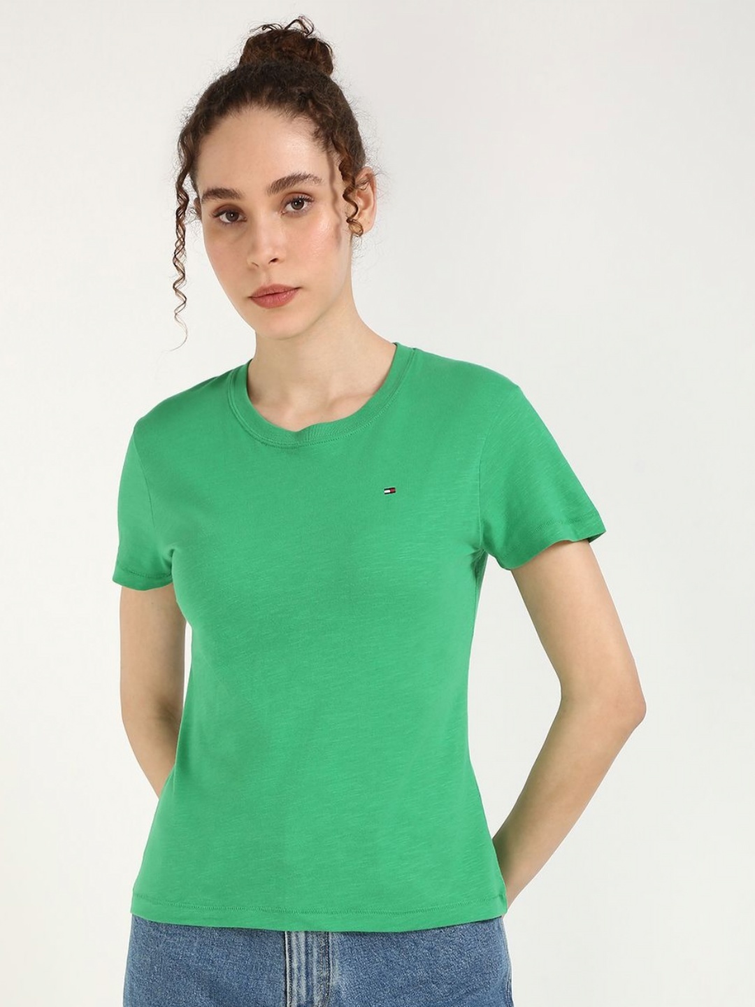 

Tommy Hilfiger Women Solid Round Neck Cotton T-shirt, Green