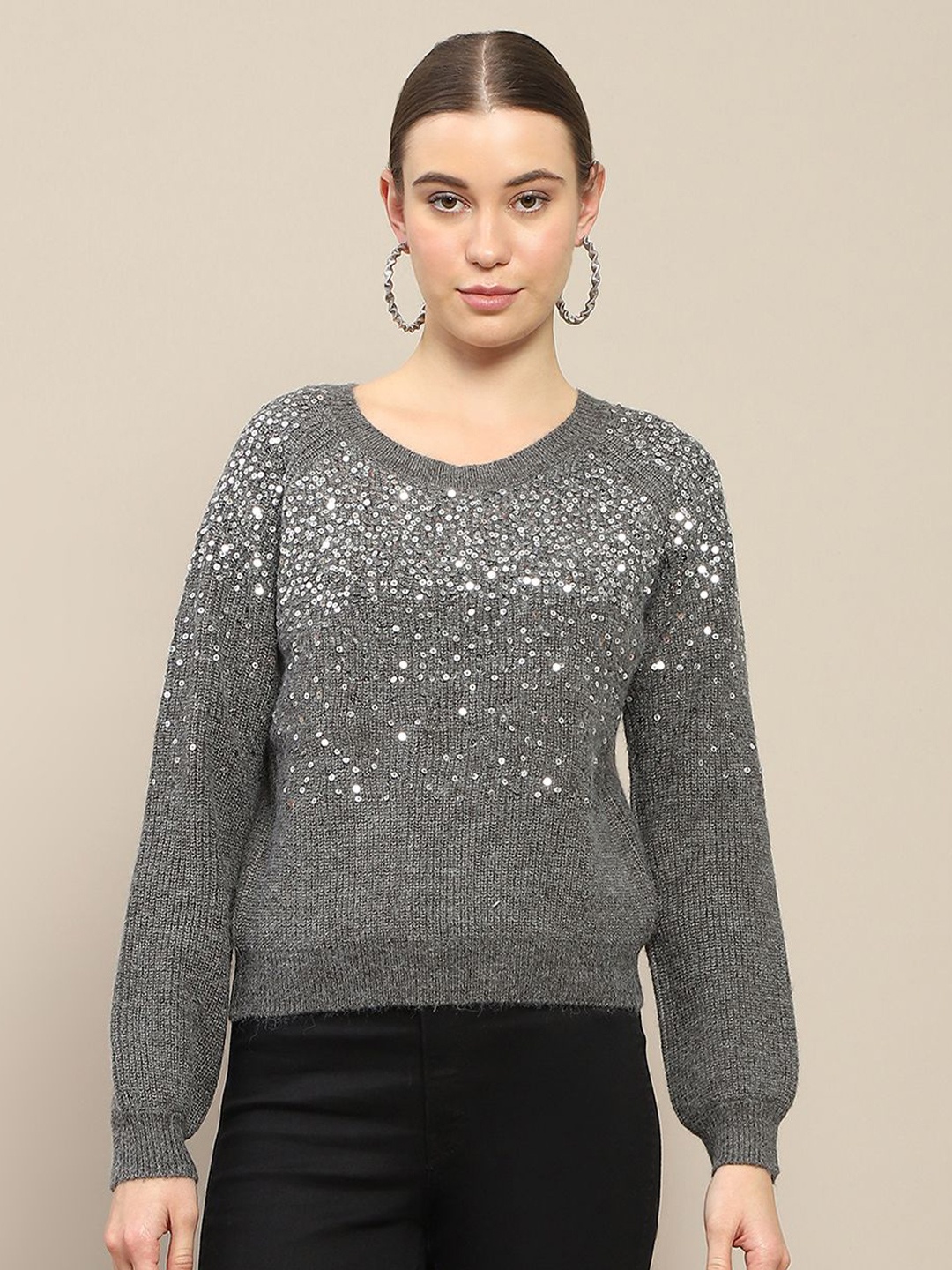 

Madame Women Embellished Pullover Sweaters, Grey