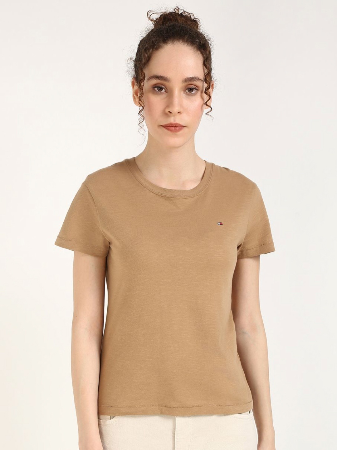 

Tommy Hilfiger Women Solid Round Neck Slim Fit Cotton T-shirt, Beige