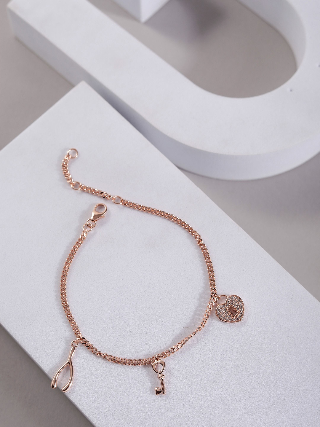 

DIAVO Rose Gold-Plated CZ Studded Oxidized Lock and Key Wraparound Bracelet