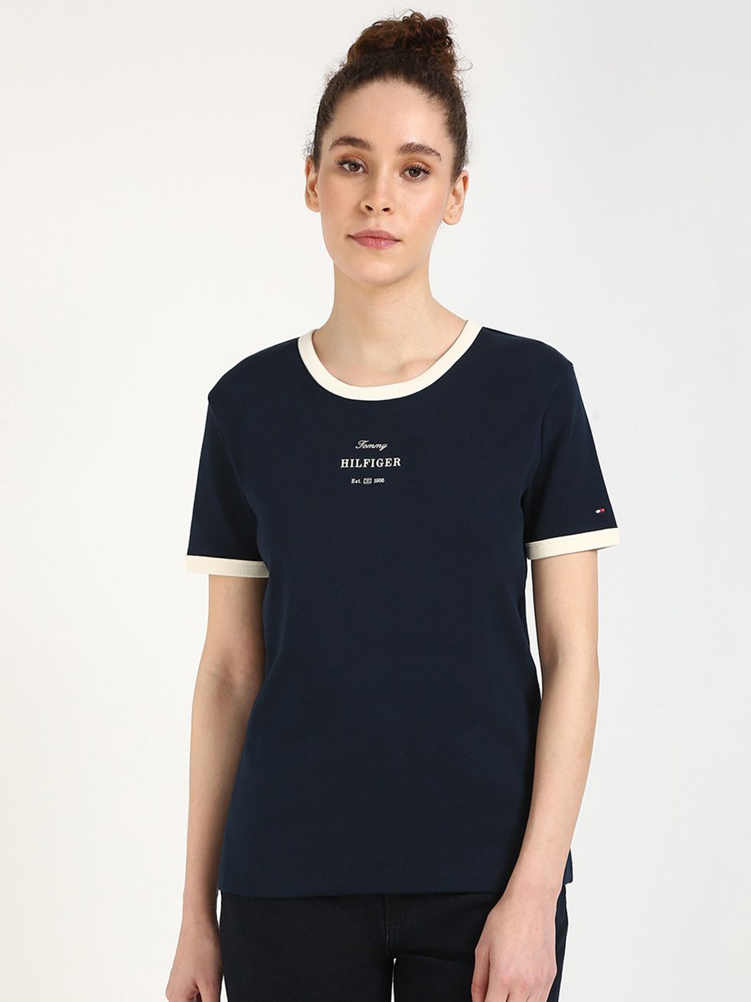 

Tommy Hilfiger Women Typography Printed Round Neck Cotton T-shirt, Black