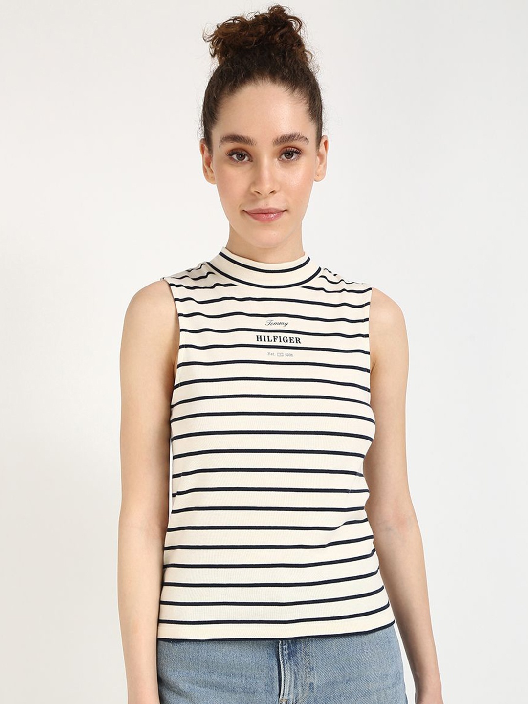 

Tommy Hilfiger Women Striped High Neck Slim Fit Cotton T-shirt, Off white