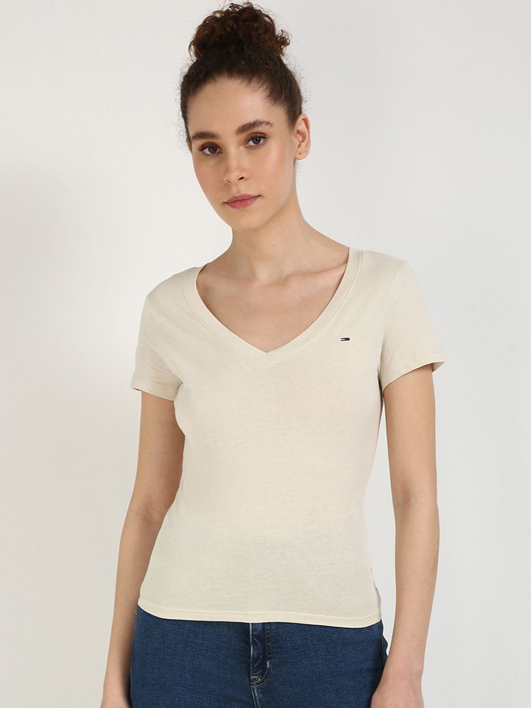 

Tommy Hilfiger Women Solid V-Neck Cotton T-shirt, Beige