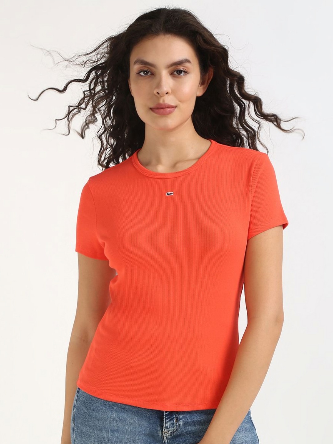 

Tommy Hilfiger Women Solid Round Neck Slim Fit Cotton T-shirt, Orange