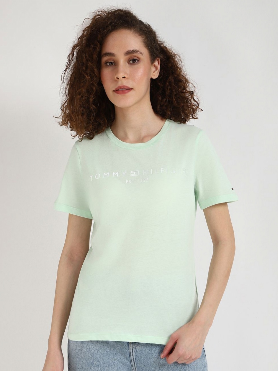 

Tommy Hilfiger Women Typography Printed Round Neck Cotton T-shirt, Green