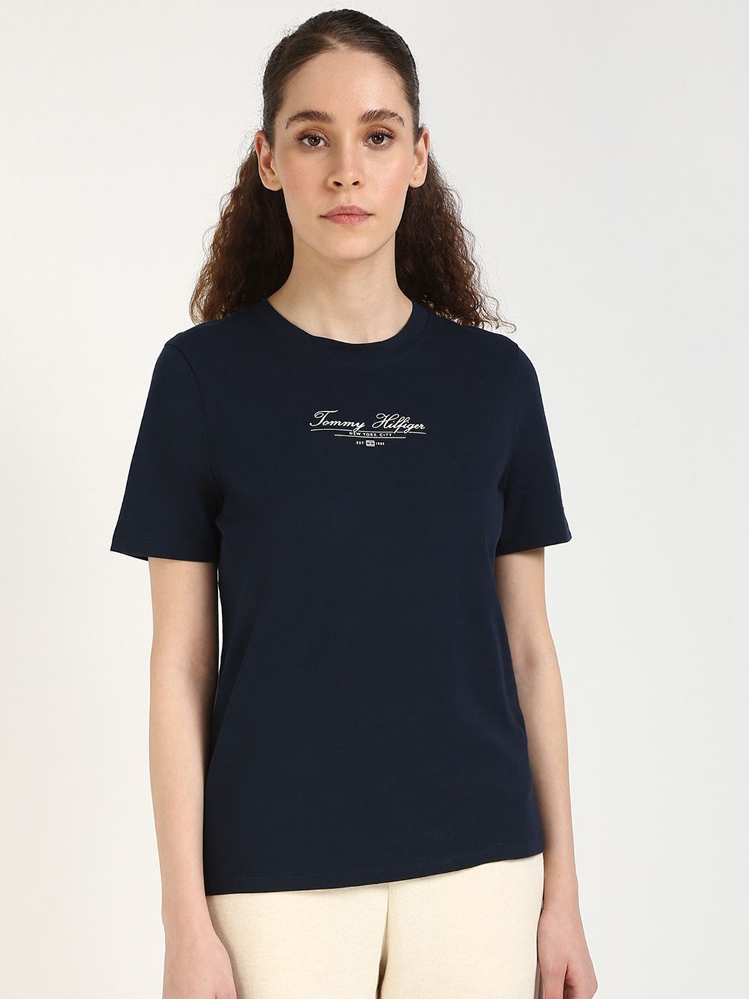 

Tommy Hilfiger Women Typography Printed Round Neck Cotton T-shirt, Navy blue