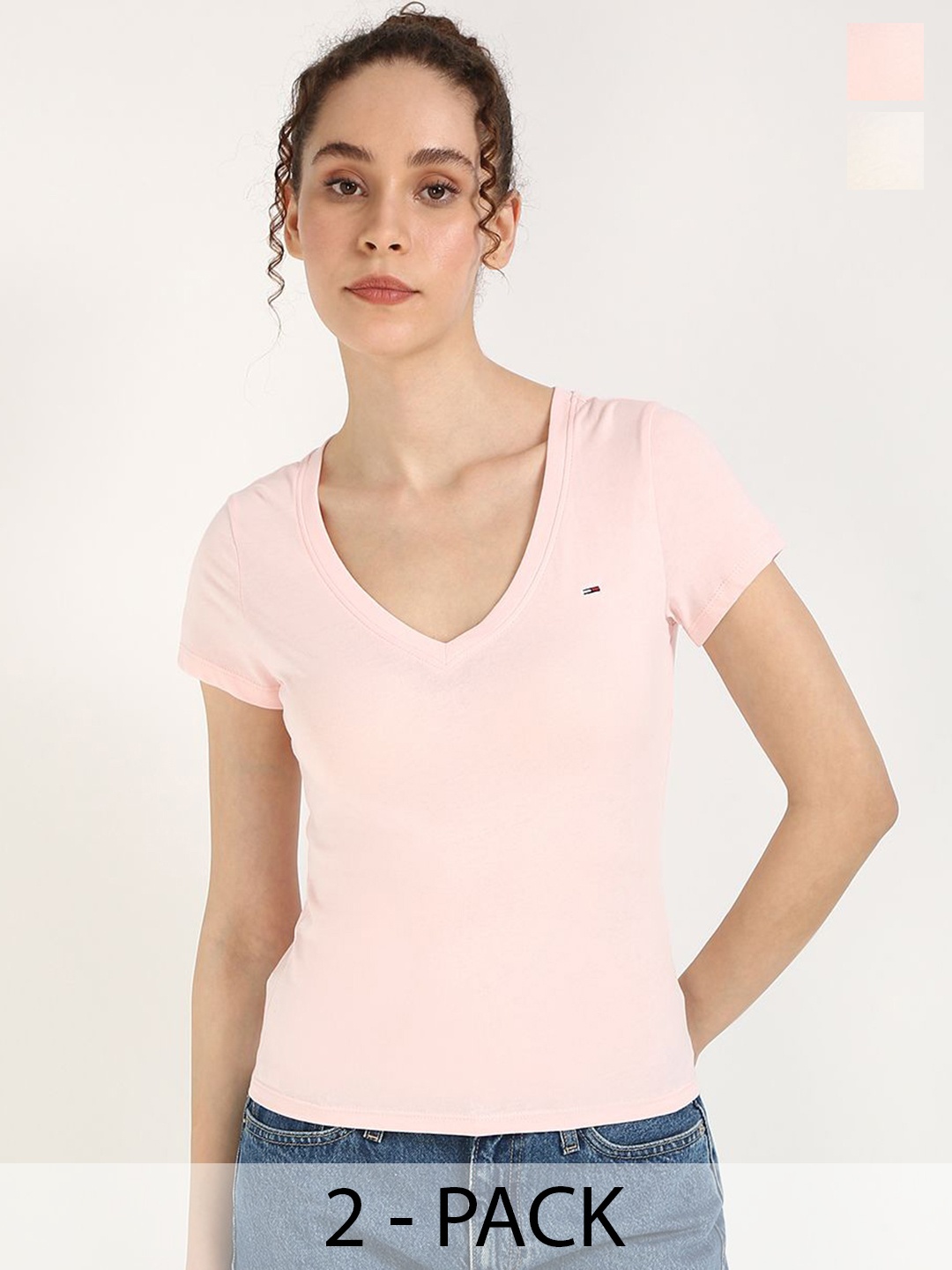 

Tommy Hilfiger Women Pack Of 2 Solid V-Neck Cotton T-shirts, Multi