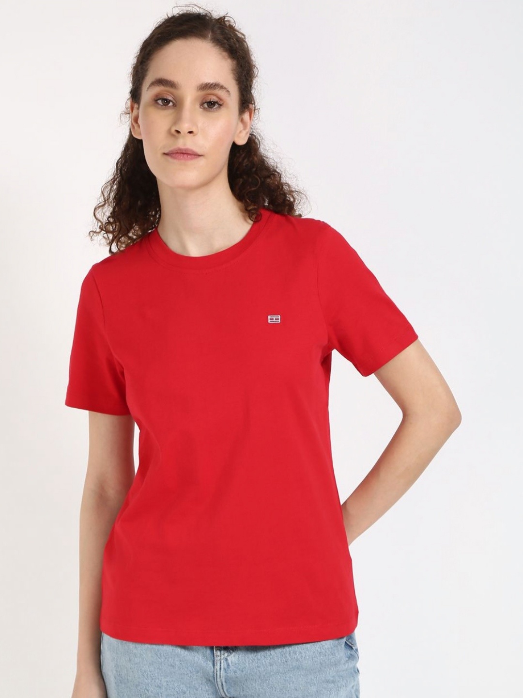 

Tommy Hilfiger Women Solid Round Neck Cotton T-shirt, Red