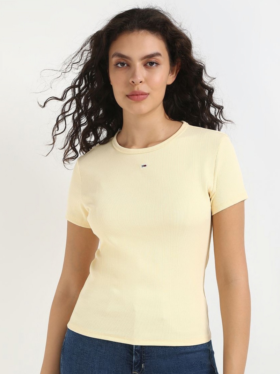 

Tommy Hilfiger Women Solid Round Neck Slim Fit Cotton T-shirt, Yellow