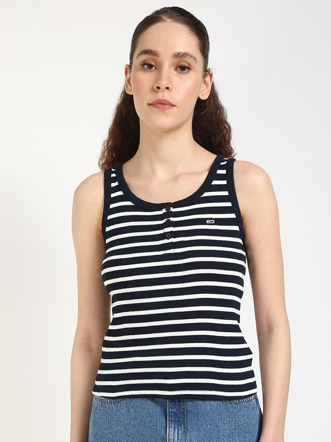 

Tommy Hilfiger Women Striped Shoulder Straps Sleeveless Cotton Tank Top, Navy blue