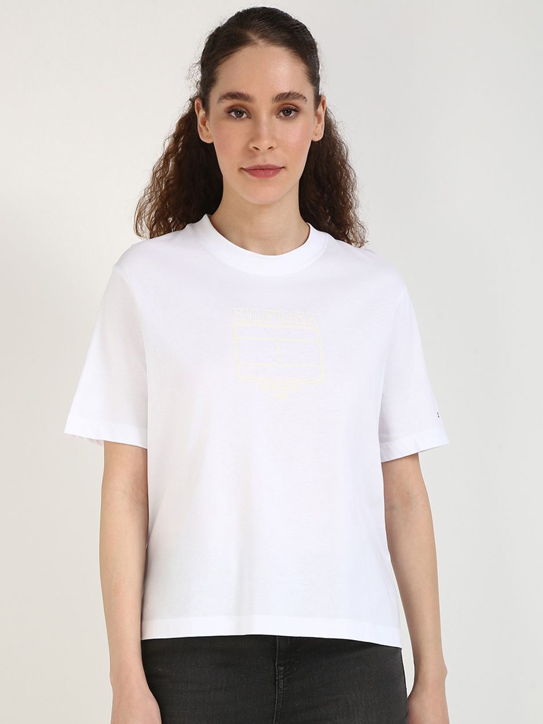 

Tommy Hilfiger Women Solid Round Neck Cotton Relaxed Fit T-shirt, White