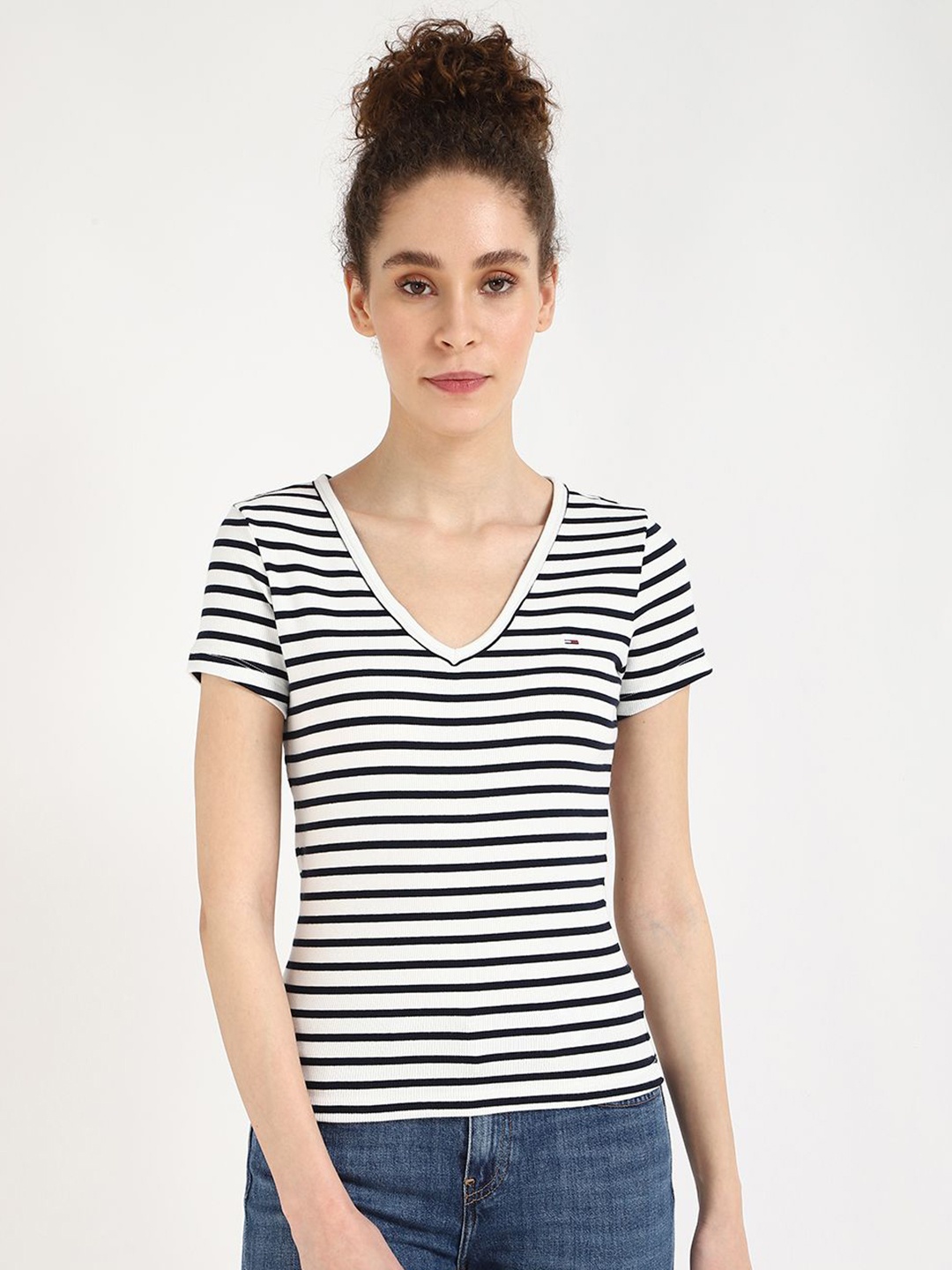 

Tommy Hilfiger Women Striped V-Neck Cotton T-shirt, White