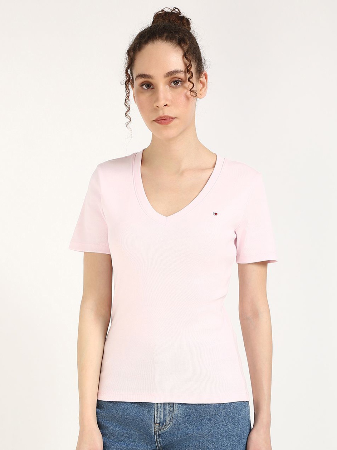 

Tommy Hilfiger Women Solid V-Neck Cotton T-shirt, Pink