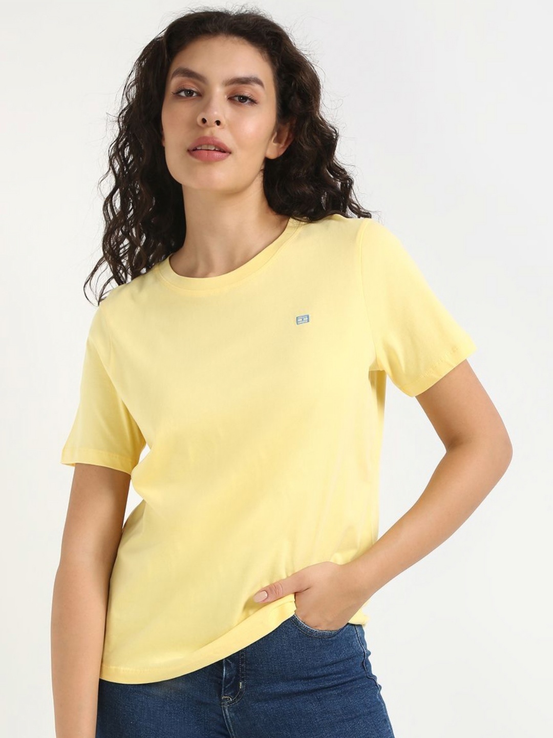 

Tommy Hilfiger Women Solid Round Neck Cotton T-shirt, Yellow