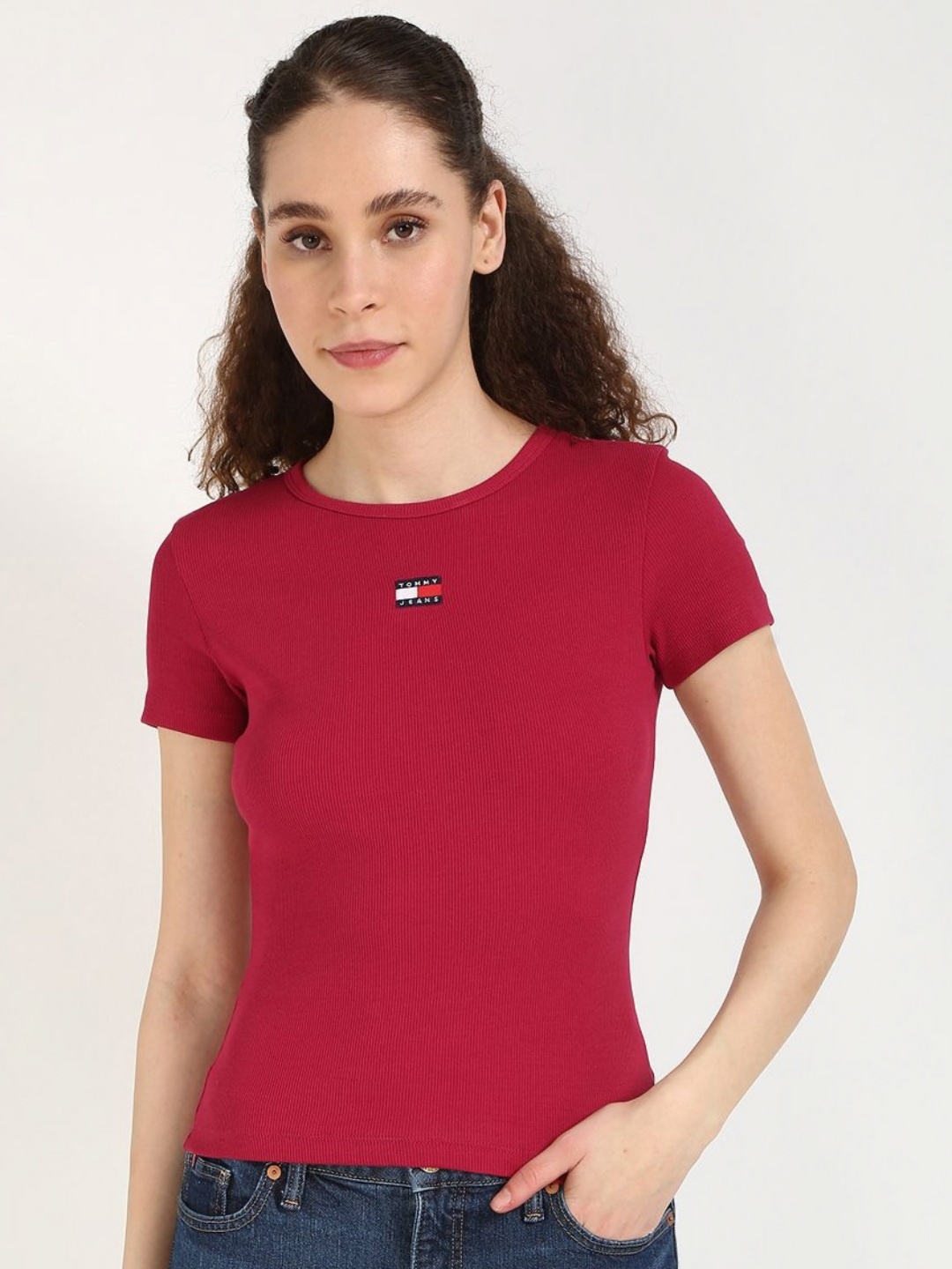 

Tommy Hilfiger Women Solid Round Neck Cotton T-shirt, Red